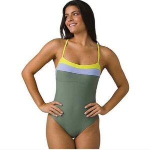 Prana Olive One-Piece Swimsuit with Yellow and Light Blue Trim